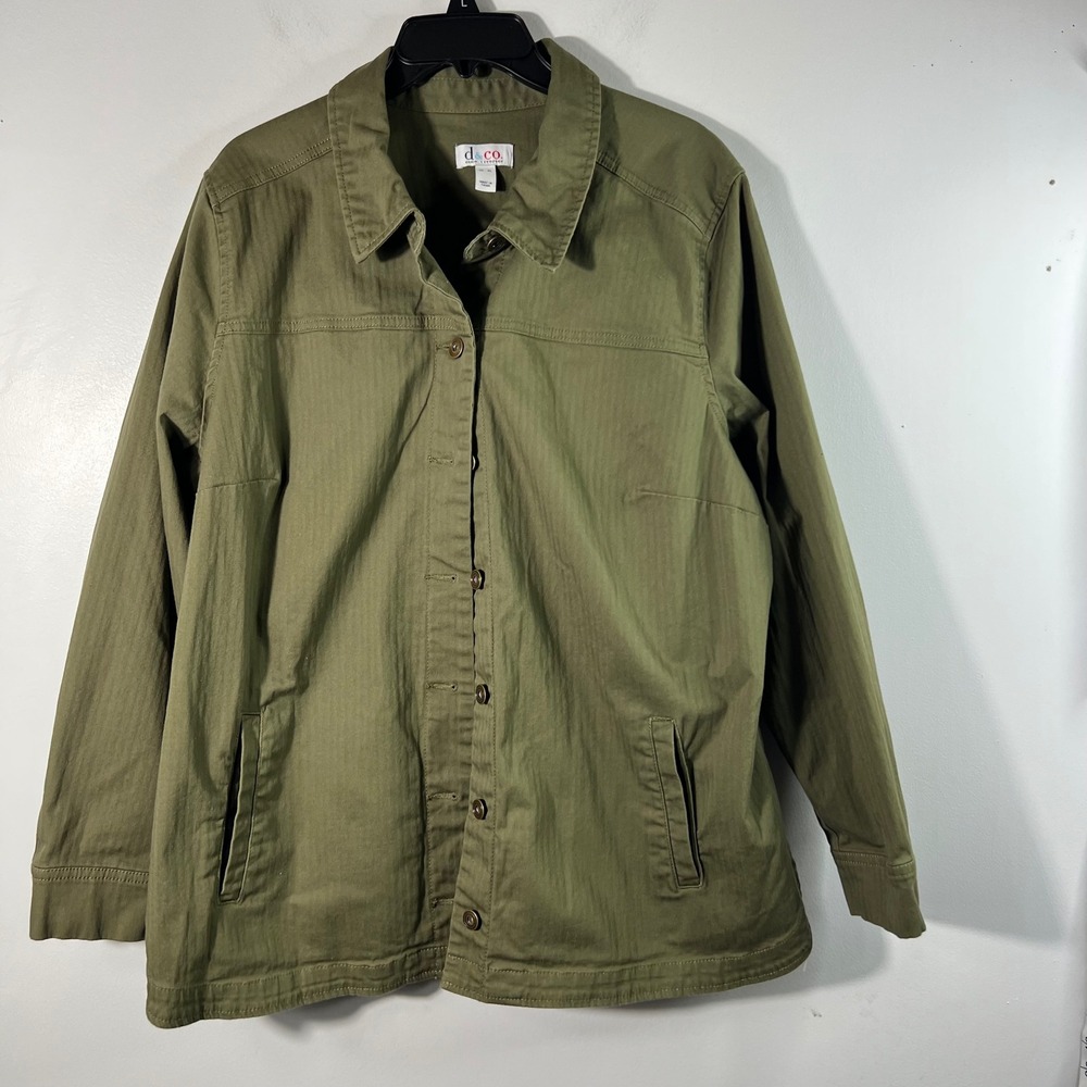 Womens D & Co Olive Green Button Denim Utility‎ Jacket XL A304991